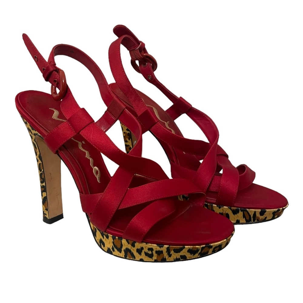 NINA red satin leopard strappy platform heels size 8